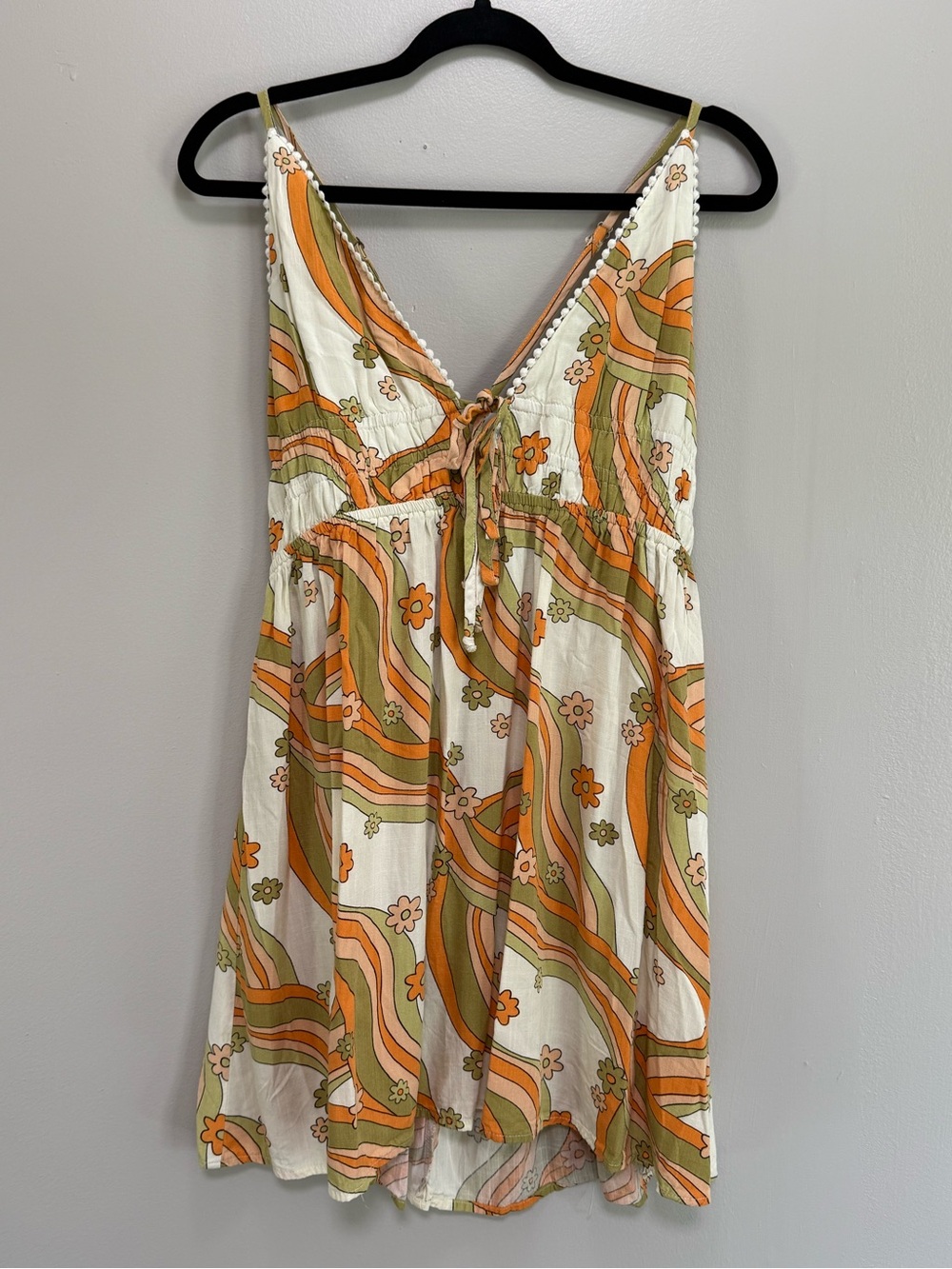 Retro Floral Tie-Front Sundress in Cream, Orange & Olive